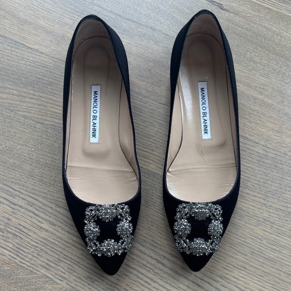 Manolo Blahnik Black Flat Ballerina with Embellished Buckle and satin.